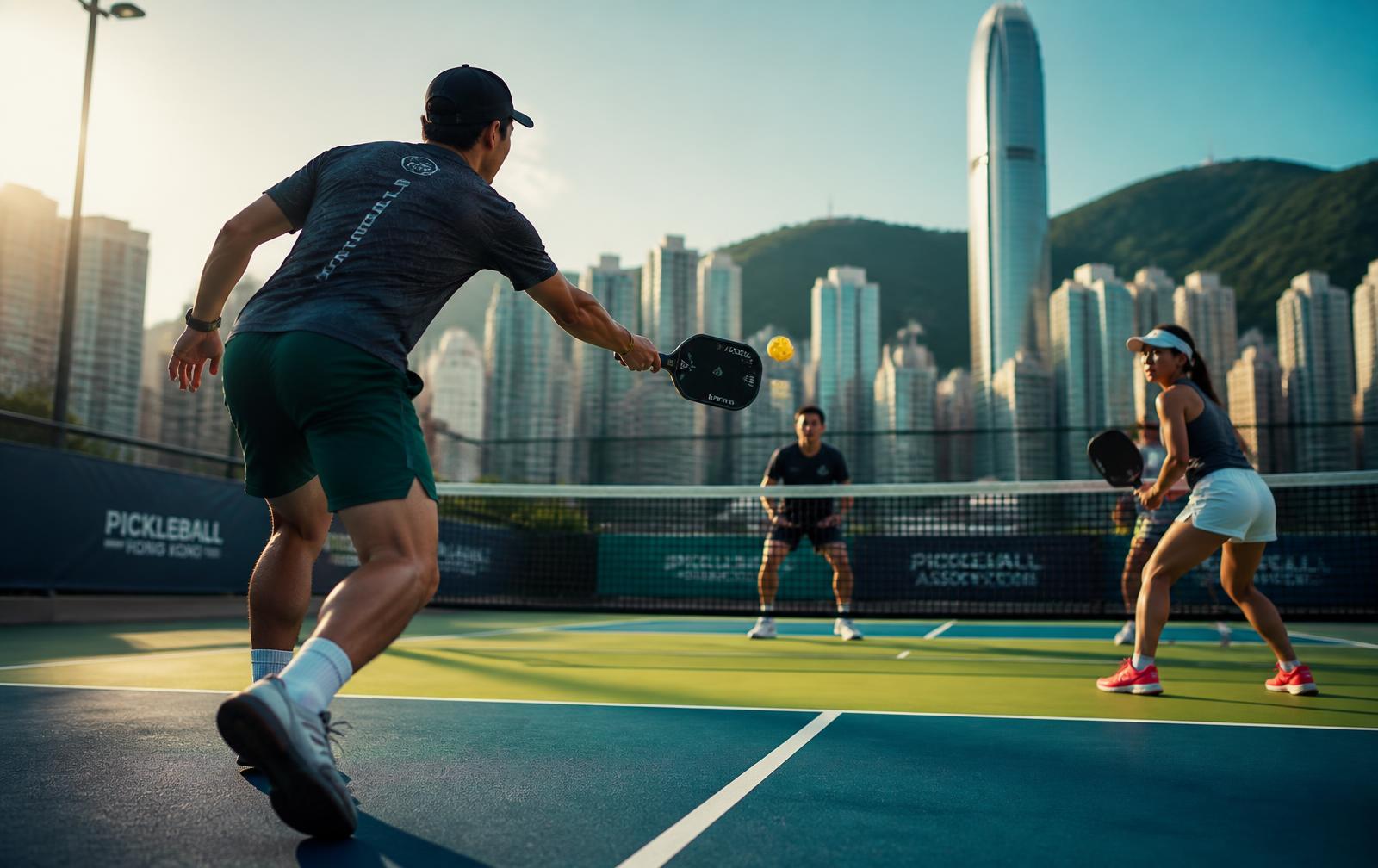 Pickleball players in a rally on an outdoor court with the Hong Kong skyline behind